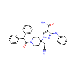 N#CCC1(n2cc(C(N)=O)c(Nc3ccccc3)n2)CCN(C(=O)C(c2ccccc2)c2ccccc2)CC1 ZINC000222097051