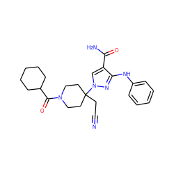 N#CCC1(n2cc(C(N)=O)c(Nc3ccccc3)n2)CCN(C(=O)C2CCCCC2)CC1 ZINC000222085576