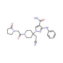 N#CCC1(n2cc(C(N)=O)c(Nc3ccccc3)n2)CCN(C(=O)CN2CCCC2=O)CC1 ZINC000220971275