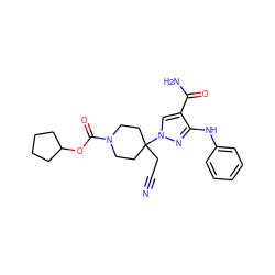 N#CCC1(n2cc(C(N)=O)c(Nc3ccccc3)n2)CCN(C(=O)OC2CCCC2)CC1 ZINC000222101602