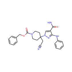 N#CCC1(n2cc(C(N)=O)c(Nc3ccccc3)n2)CCN(C(=O)OCc2ccccc2)CC1 ZINC000221011100