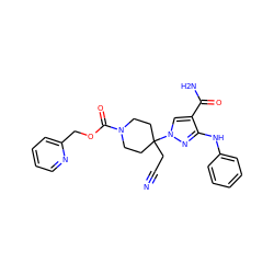 N#CCC1(n2cc(C(N)=O)c(Nc3ccccc3)n2)CCN(C(=O)OCc2ccccn2)CC1 ZINC000222074470