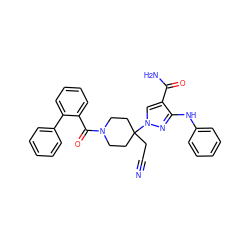 N#CCC1(n2cc(C(N)=O)c(Nc3ccccc3)n2)CCN(C(=O)c2ccccc2-c2ccccc2)CC1 ZINC000220974466