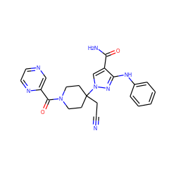 N#CCC1(n2cc(C(N)=O)c(Nc3ccccc3)n2)CCN(C(=O)c2cnccn2)CC1 ZINC000220971842