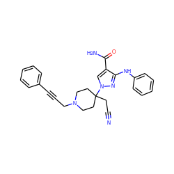 N#CCC1(n2cc(C(N)=O)c(Nc3ccccc3)n2)CCN(CC#Cc2ccccc2)CC1 ZINC000220969888