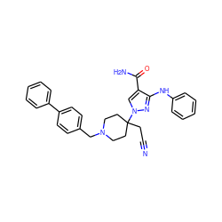 N#CCC1(n2cc(C(N)=O)c(Nc3ccccc3)n2)CCN(Cc2ccc(-c3ccccc3)cc2)CC1 ZINC000218408226