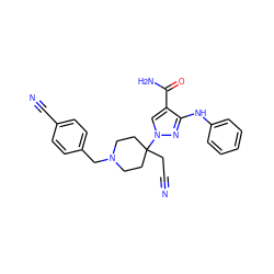 N#CCC1(n2cc(C(N)=O)c(Nc3ccccc3)n2)CCN(Cc2ccc(C#N)cc2)CC1 ZINC000221000864