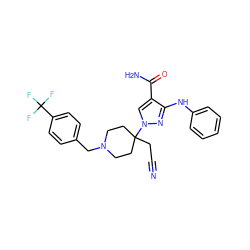 N#CCC1(n2cc(C(N)=O)c(Nc3ccccc3)n2)CCN(Cc2ccc(C(F)(F)F)cc2)CC1 ZINC000221005870