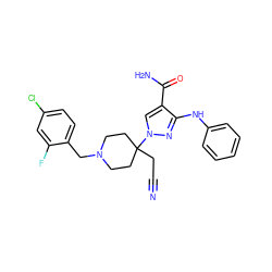 N#CCC1(n2cc(C(N)=O)c(Nc3ccccc3)n2)CCN(Cc2ccc(Cl)cc2F)CC1 ZINC000220962466