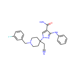 N#CCC1(n2cc(C(N)=O)c(Nc3ccccc3)n2)CCN(Cc2cccc(F)c2)CC1 ZINC000222098949