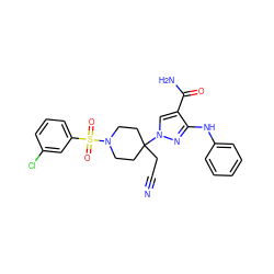 N#CCC1(n2cc(C(N)=O)c(Nc3ccccc3)n2)CCN(S(=O)(=O)c2cccc(Cl)c2)CC1 ZINC000219337091