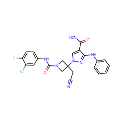 N#CCC1(n2cc(C(N)=O)c(Nc3ccccc3)n2)CN(C(=O)Nc2ccc(F)c(Cl)c2)C1 ZINC000222102762