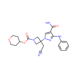 N#CCC1(n2cc(C(N)=O)c(Nc3ccccc3)n2)CN(C(=O)OC2CCOCC2)C1 ZINC000222075887