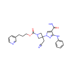 N#CCC1(n2cc(C(N)=O)c(Nc3ccccc3)n2)CN(C(=O)OCCCc2cccnc2)C1 ZINC000222090102