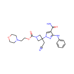 N#CCC1(n2cc(C(N)=O)c(Nc3ccccc3)n2)CN(C(=O)OCCN2CCOCC2)C1 ZINC000222091666