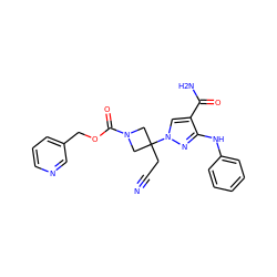 N#CCC1(n2cc(C(N)=O)c(Nc3ccccc3)n2)CN(C(=O)OCc2cccnc2)C1 ZINC000222076375