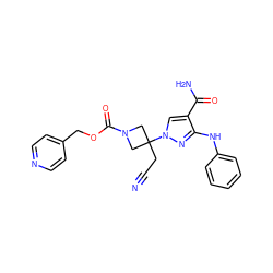 N#CCC1(n2cc(C(N)=O)c(Nc3ccccc3)n2)CN(C(=O)OCc2ccncc2)C1 ZINC000219281352