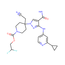 N#CCC1(n2cc(C(N)=O)c(Nc3ccnc(C4CC4)c3)n2)CCN(C(=O)OCC(F)F)CC1 ZINC000222085105