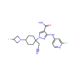 N#CCC1(n2cc(C(N)=O)c(Nc3ccnc(F)c3)n2)CCC(N2CC(F)C2)CC1 ZINC000222103651