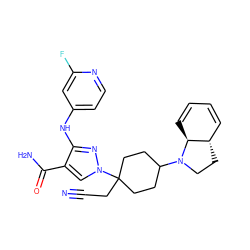 N#CCC1(n2cc(C(N)=O)c(Nc3ccnc(F)c3)n2)CCC(N2CC[C@H]3C=CC=C[C@@H]32)CC1 ZINC001772645477