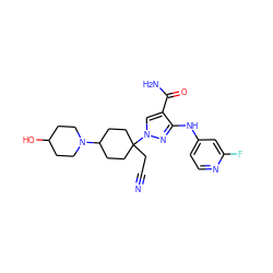 N#CCC1(n2cc(C(N)=O)c(Nc3ccnc(F)c3)n2)CCC(N2CCC(O)CC2)CC1 ZINC000219334988