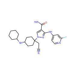 N#CCC1(n2cc(C(N)=O)c(Nc3ccnc(F)c3)n2)CCC(NC2CCCCC2)CC1 ZINC000221041466