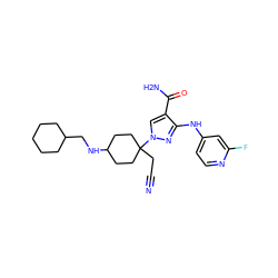 N#CCC1(n2cc(C(N)=O)c(Nc3ccnc(F)c3)n2)CCC(NCC2CCCCC2)CC1 ZINC000220980897