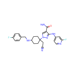 N#CCC1(n2cc(C(N)=O)c(Nc3ccnc(F)c3)n2)CCC(NCc2ccc(F)cc2)CC1 ZINC000220996681