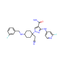 N#CCC1(n2cc(C(N)=O)c(Nc3ccnc(F)c3)n2)CCC(NCc2cccc(F)c2)CC1 ZINC000220972020