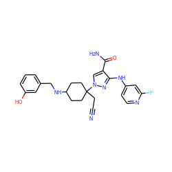 N#CCC1(n2cc(C(N)=O)c(Nc3ccnc(F)c3)n2)CCC(NCc2cccc(O)c2)CC1 ZINC000220985439