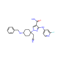 N#CCC1(n2cc(C(N)=O)c(Nc3ccnc(F)c3)n2)CCC(NCc2ccccc2)CC1 ZINC000220973573