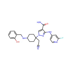 N#CCC1(n2cc(C(N)=O)c(Nc3ccnc(F)c3)n2)CCC(NCc2ccccc2O)CC1 ZINC000220987089