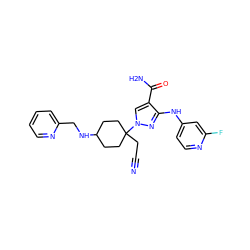 N#CCC1(n2cc(C(N)=O)c(Nc3ccnc(F)c3)n2)CCC(NCc2ccccn2)CC1 ZINC000220948555