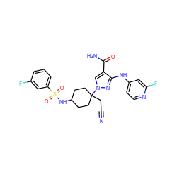 N#CCC1(n2cc(C(N)=O)c(Nc3ccnc(F)c3)n2)CCC(NS(=O)(=O)c2cccc(F)c2)CC1 ZINC000220989346