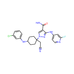 N#CCC1(n2cc(C(N)=O)c(Nc3ccnc(F)c3)n2)CCC(Nc2cccc(Cl)c2)CC1 ZINC000222097879