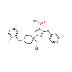 N#CCC1(n2cc(C(N)=O)c(Nc3ccnc(F)c3)n2)CCC(Nc2ccccc2Cl)CC1 ZINC000219345069