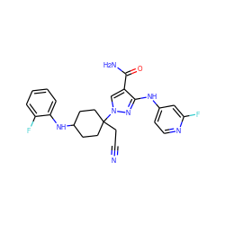 N#CCC1(n2cc(C(N)=O)c(Nc3ccnc(F)c3)n2)CCC(Nc2ccccc2F)CC1 ZINC000220943502