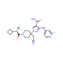 N#CCC1(n2cc(C(N)=O)c(Nc3ccnc(F)c3)n2)CCN(C(=O)[C@@H](C2CCC2)C(F)(F)F)CC1 ZINC000219778199