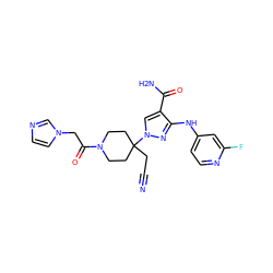 N#CCC1(n2cc(C(N)=O)c(Nc3ccnc(F)c3)n2)CCN(C(=O)Cn2ccnc2)CC1 ZINC000222087140