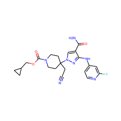 N#CCC1(n2cc(C(N)=O)c(Nc3ccnc(F)c3)n2)CCN(C(=O)OCC2CC2)CC1 ZINC000221011012