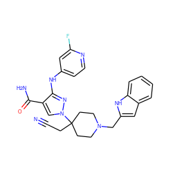 N#CCC1(n2cc(C(N)=O)c(Nc3ccnc(F)c3)n2)CCN(Cc2cc3ccccc3[nH]2)CC1 ZINC000222096125