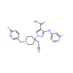 N#CCC1(n2cc(C(N)=O)c(Nc3ccnc(F)c3)n2)CCN(Cc2ccc(=O)[nH]c2)CC1 ZINC000220968522