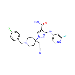 N#CCC1(n2cc(C(N)=O)c(Nc3ccnc(F)c3)n2)CCN(Cc2ccc(Cl)cc2)CC1 ZINC000222086961