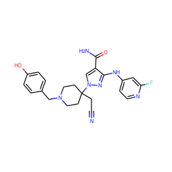 N#CCC1(n2cc(C(N)=O)c(Nc3ccnc(F)c3)n2)CCN(Cc2ccc(O)cc2)CC1 ZINC000222100141