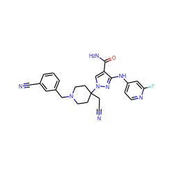 N#CCC1(n2cc(C(N)=O)c(Nc3ccnc(F)c3)n2)CCN(Cc2cccc(C#N)c2)CC1 ZINC000221004010