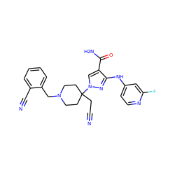 N#CCC1(n2cc(C(N)=O)c(Nc3ccnc(F)c3)n2)CCN(Cc2ccccc2C#N)CC1 ZINC000219360960