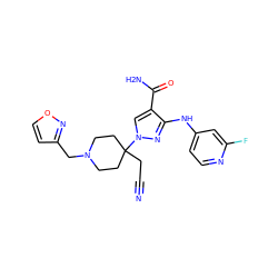 N#CCC1(n2cc(C(N)=O)c(Nc3ccnc(F)c3)n2)CCN(Cc2ccon2)CC1 ZINC000222084791