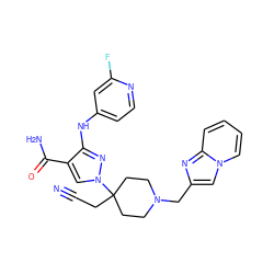 N#CCC1(n2cc(C(N)=O)c(Nc3ccnc(F)c3)n2)CCN(Cc2cn3ccccc3n2)CC1 ZINC000220949408