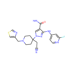 N#CCC1(n2cc(C(N)=O)c(Nc3ccnc(F)c3)n2)CCN(Cc2cscn2)CC1 ZINC000221020971