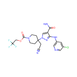 N#CCC1(n2cc(C(N)=O)c(Nc3cncc(Cl)c3)n2)CCN(C(=O)OCC(F)(F)F)CC1 ZINC000219258051